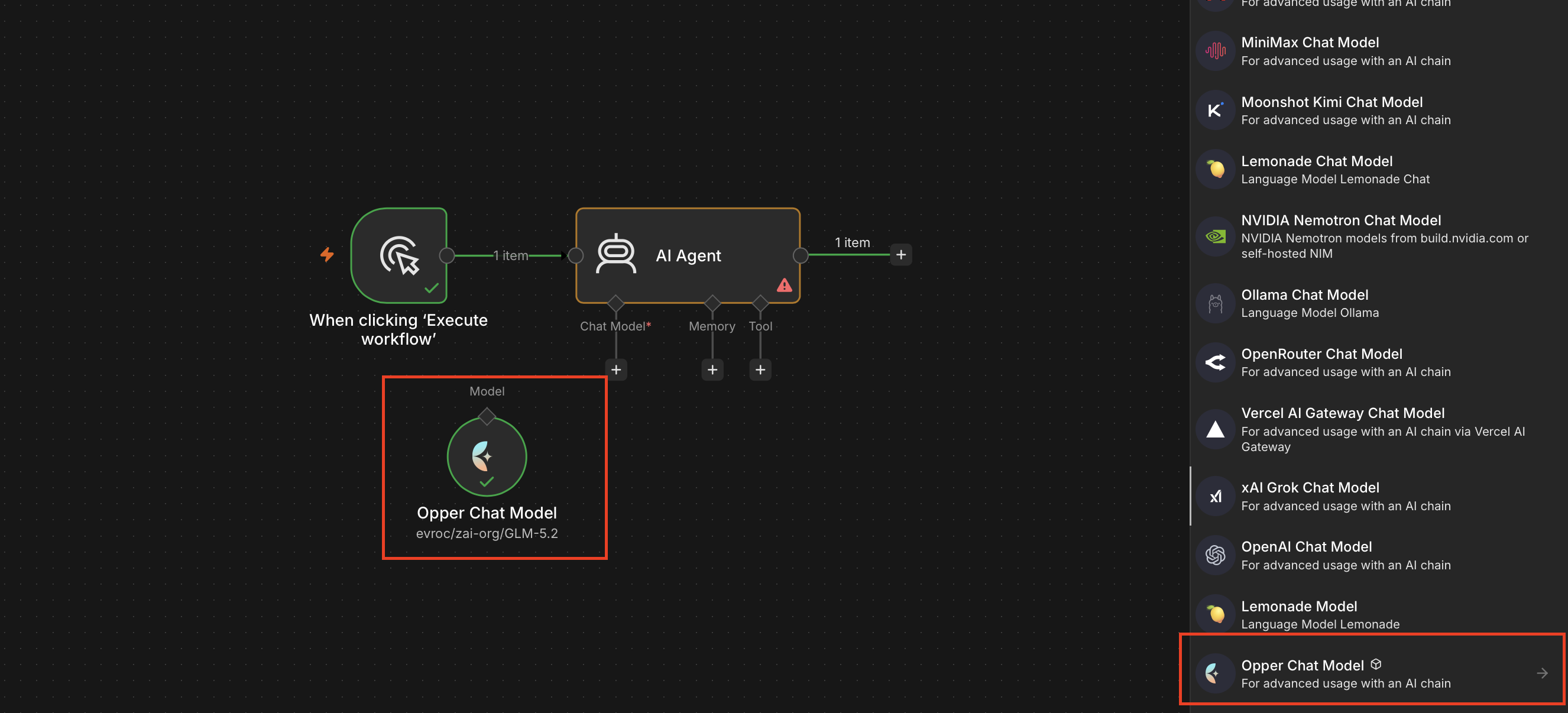 An n8n canvas with Opper Chat Model connected to the Chat Model input of an AI Agent node, and the nodes panel listing Opper Chat Model alongside the built-in providers