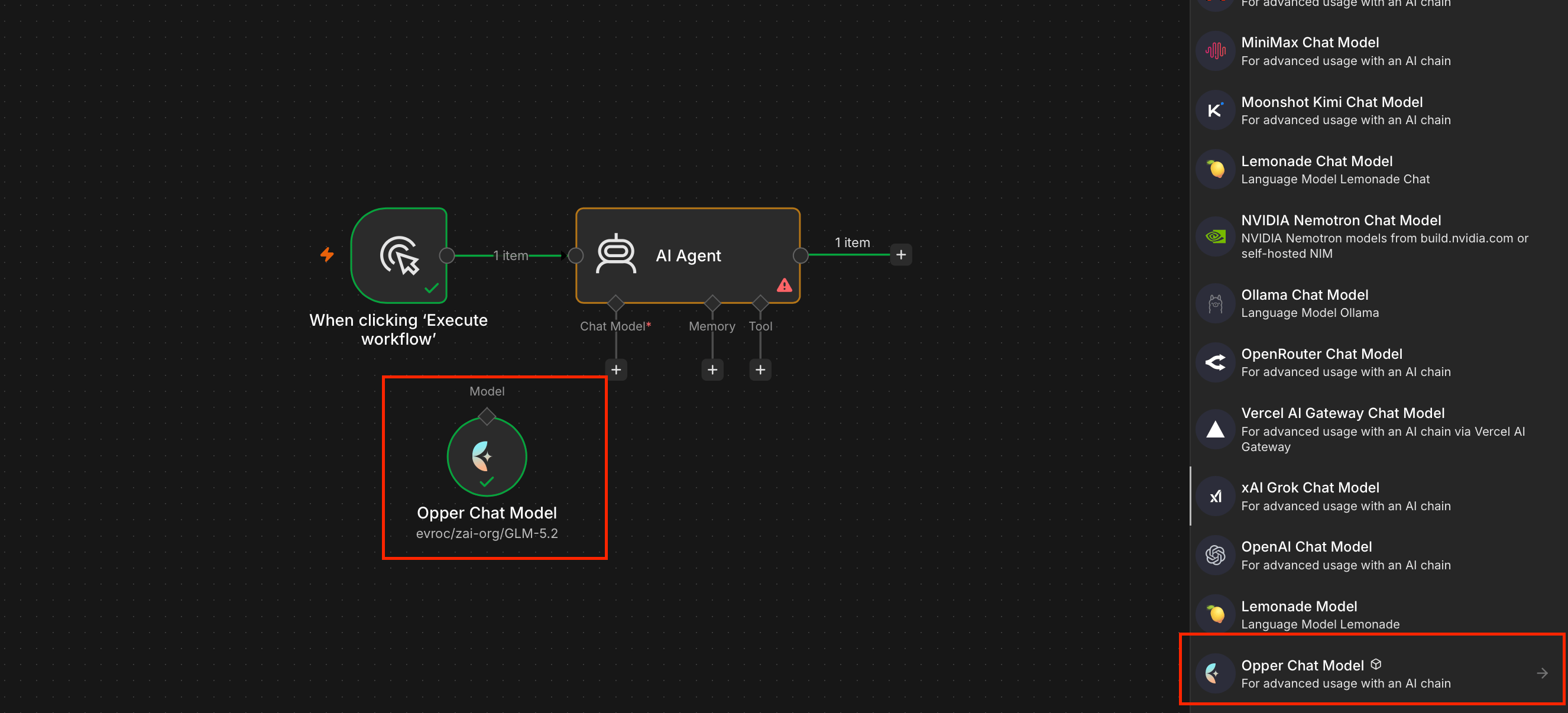 An n8n canvas with Opper Chat Model connected to the Chat Model input of an AI Agent node, and the nodes panel listing Opper Chat Model alongside the built-in providers