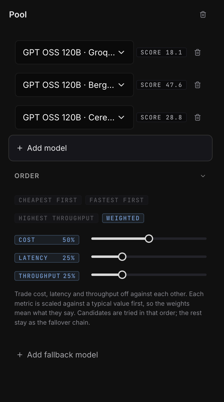 A pool's inspector: two GPT OSS 120B endpoints with a score beside each, the order chips and the three weight bars