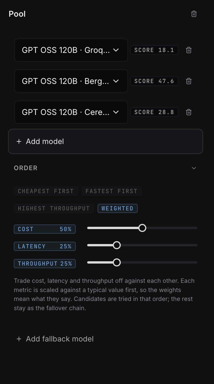A pool's inspector: two GPT OSS 120B endpoints with a score beside each, the order chips and the three weight bars