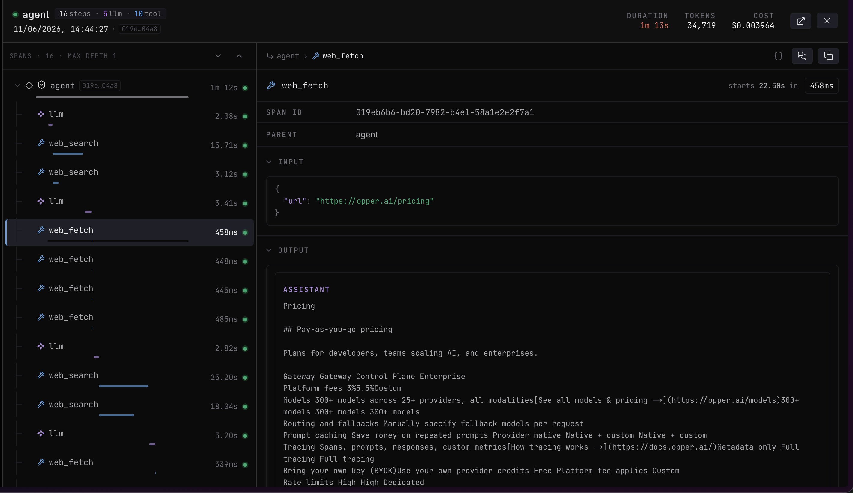 The span detail pane for a web_fetch span showing span ID, parent, start offset, input, and output