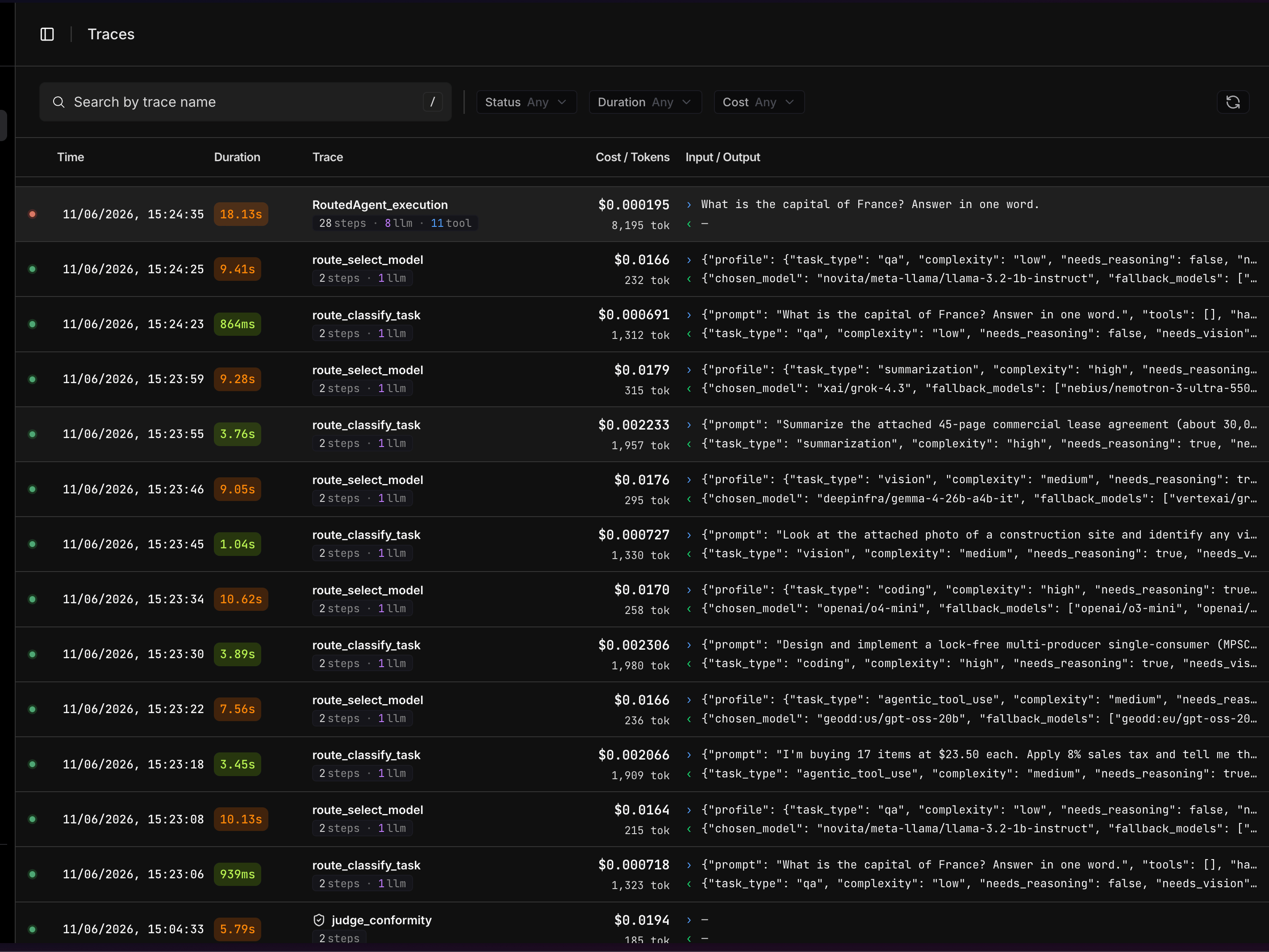 The Traces explorer listing recent traces with duration, step composition, cost, tokens, and an input/output preview