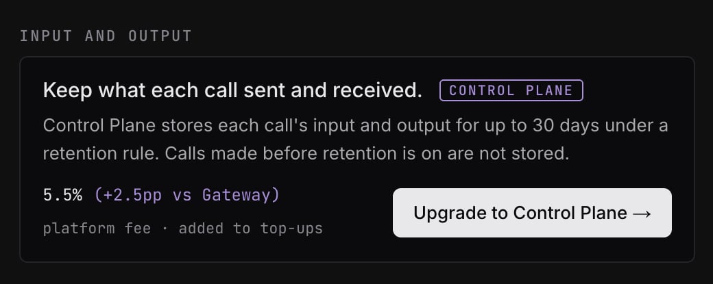 The Input and output section on the Gateway plan: Keep what each call sent and received, with a Control Plane badge, the platform fee and an Upgrade to Control Plane button