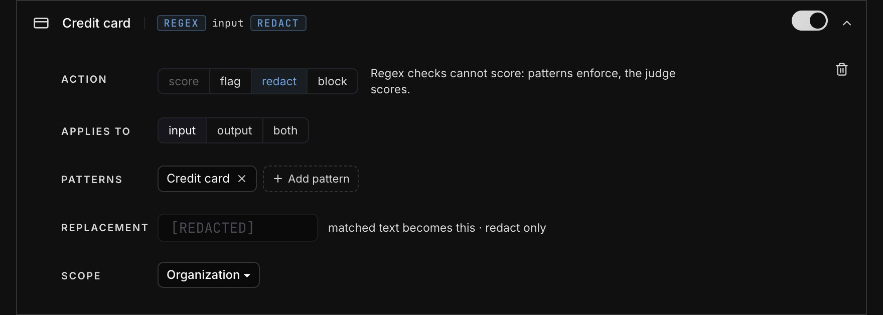 A regex check with patterns and a replacement value