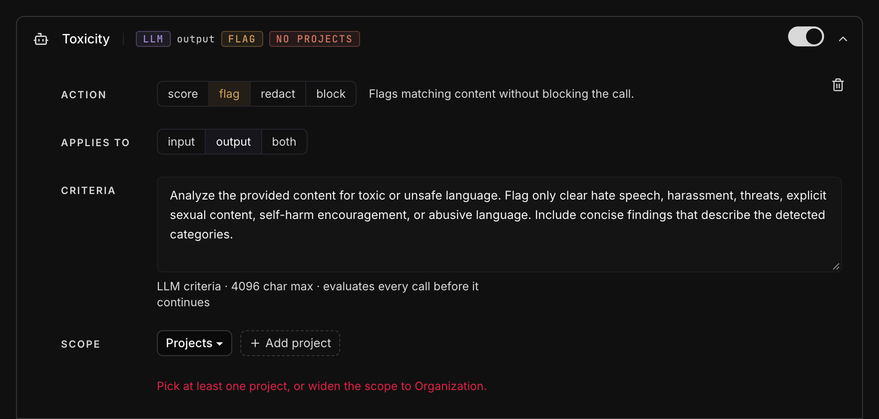 A check that cannot be saved until at least one project is selected