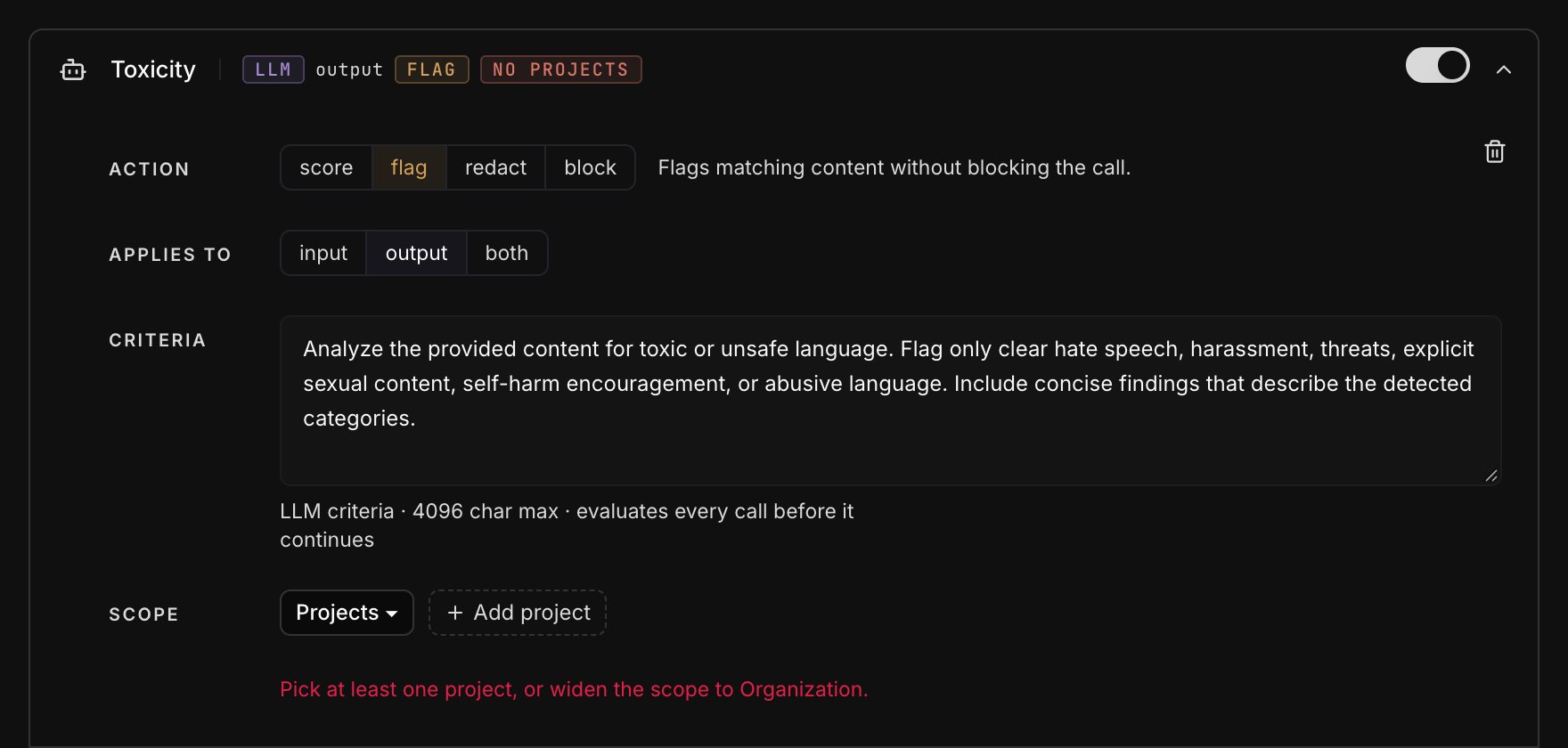 A check that cannot be saved until at least one project is selected