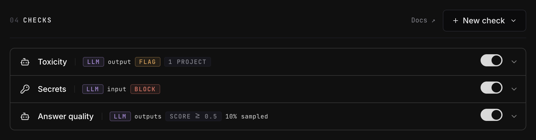 Saved checks with their engine, direction, action, and scope