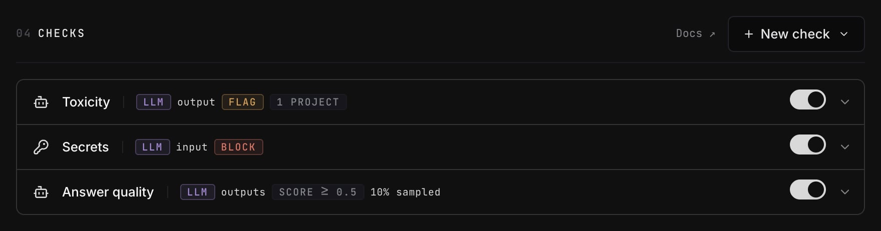 Saved checks with their engine, direction, action, and scope