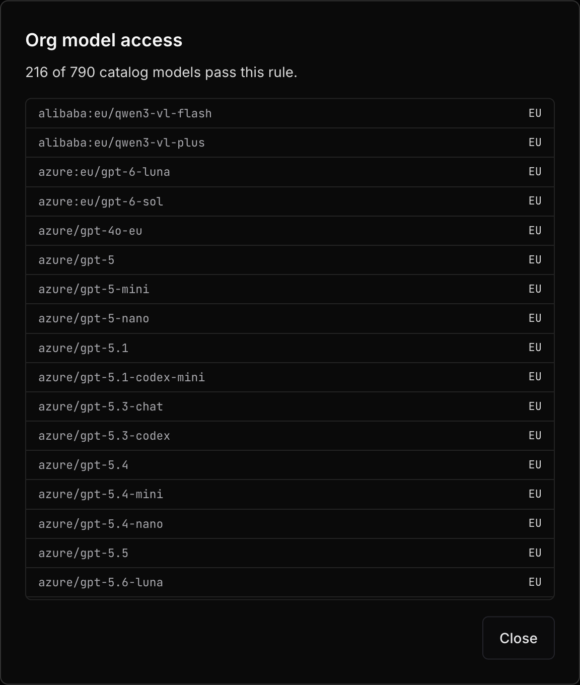 A dialog listing the catalog models that match the allowlist