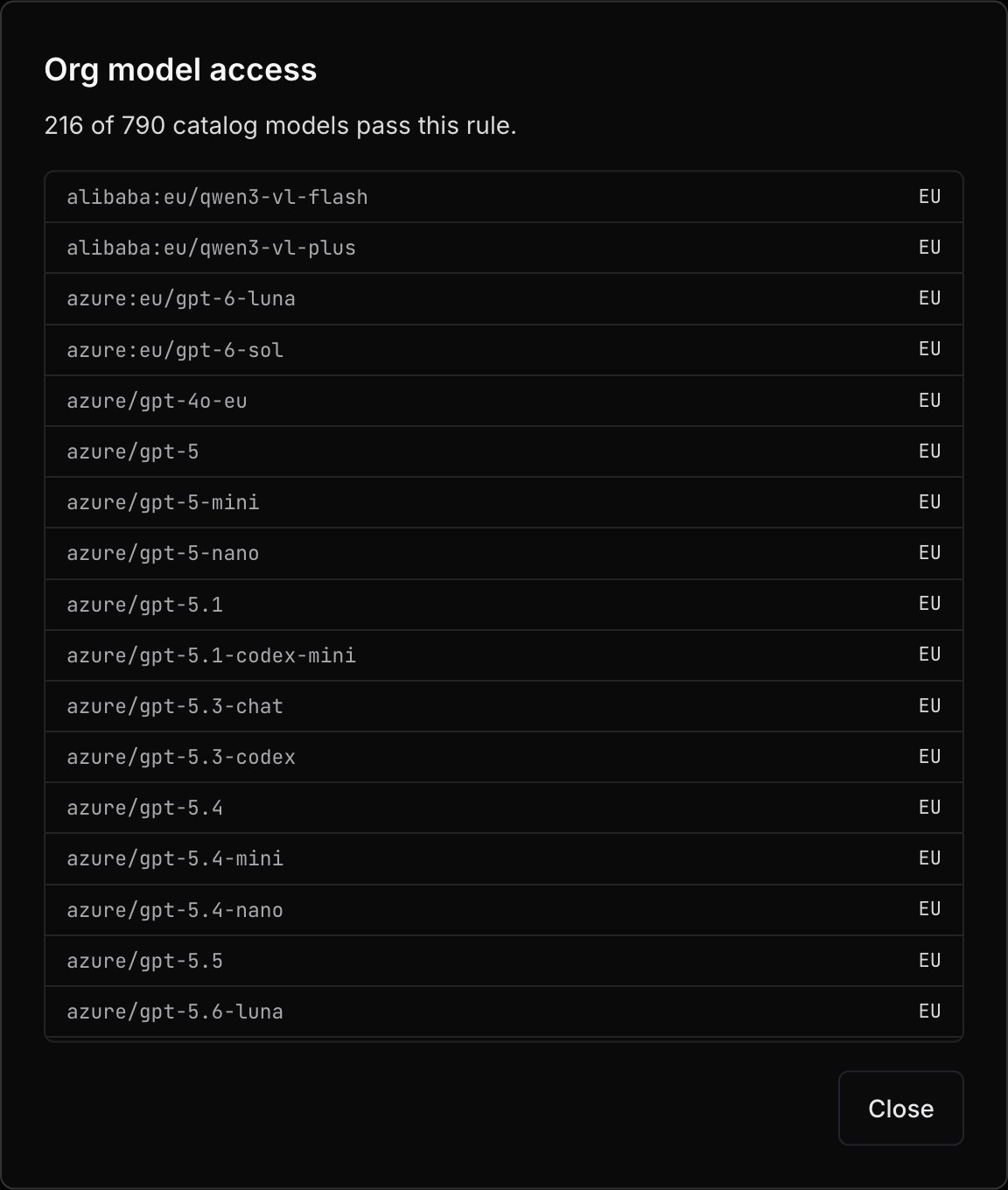 A dialog listing the catalog models that match the allowlist