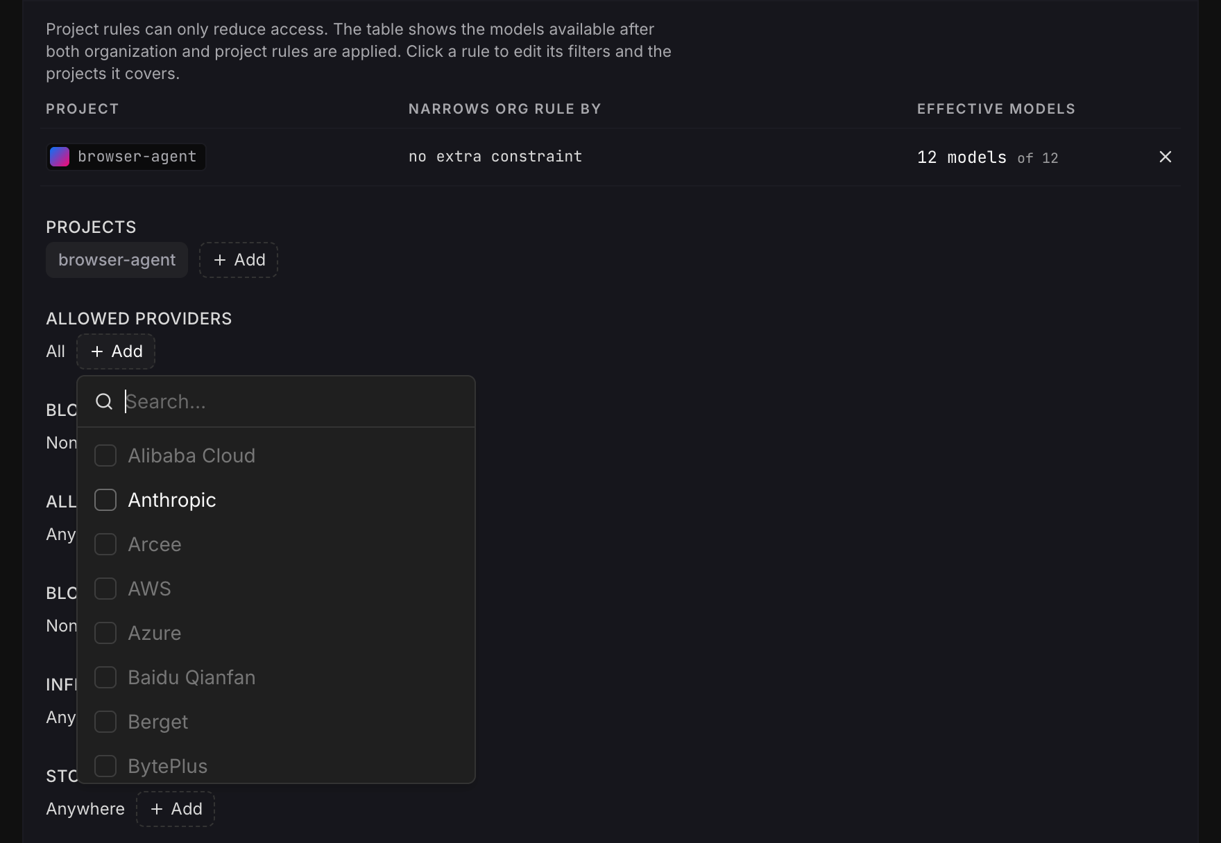 A project provider picker with values excluded by the organization rule dimmed