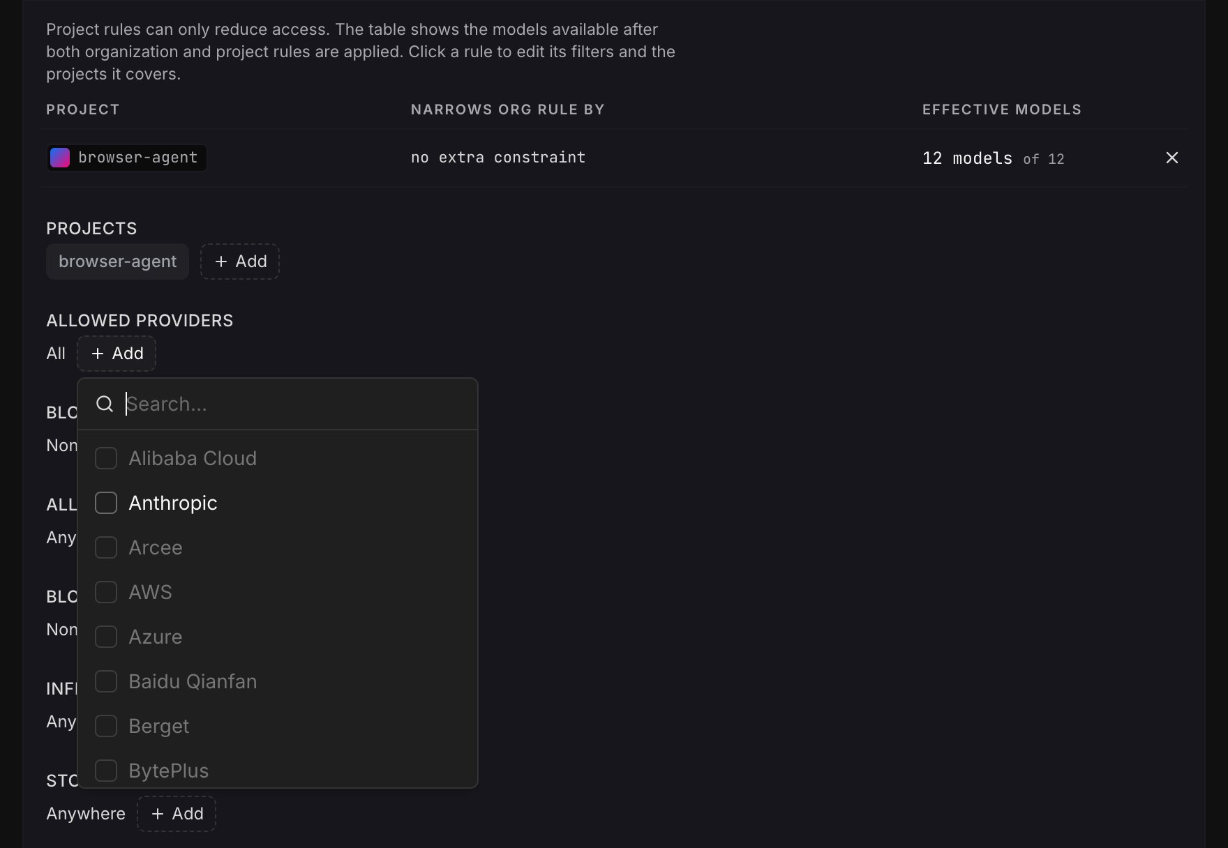 A project provider picker with values excluded by the organization rule dimmed