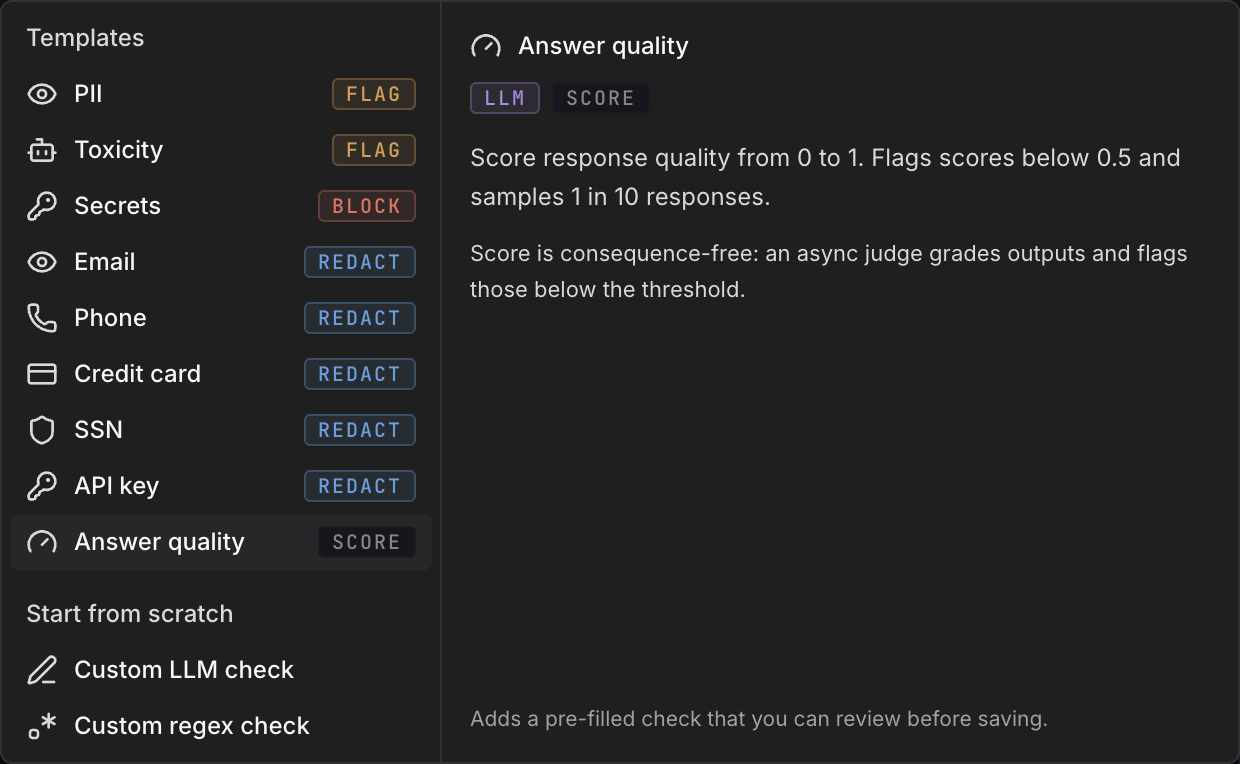 The Answer quality template and its score action