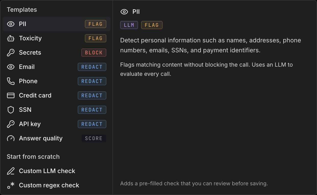The New check picker with templates and a description pane
