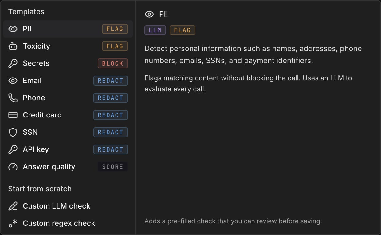 The New check picker with templates and a description pane