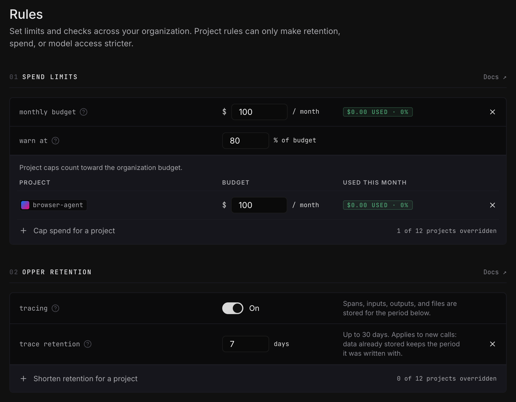 The Rules page showing spend limits and Opper retention