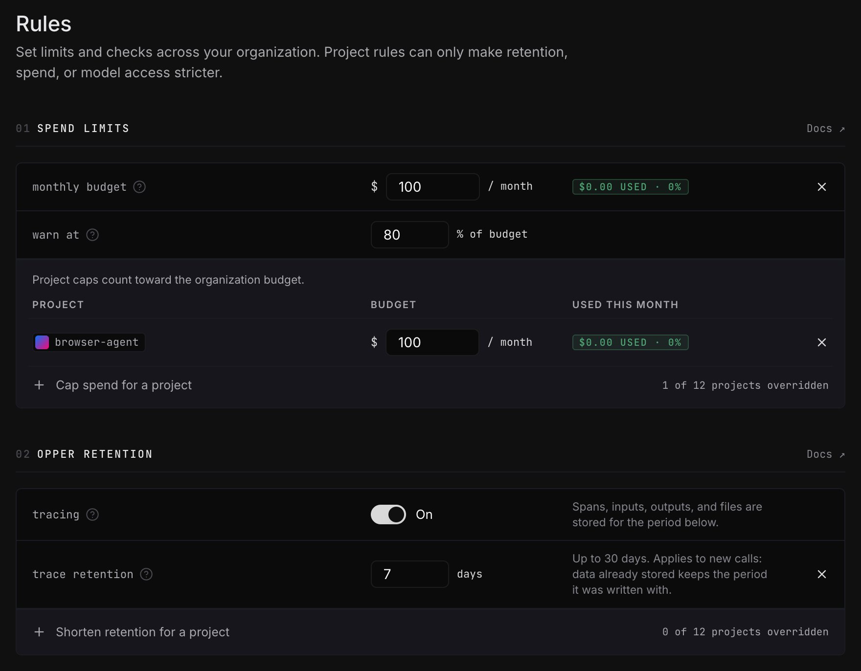 The Rules page showing spend limits and Opper retention