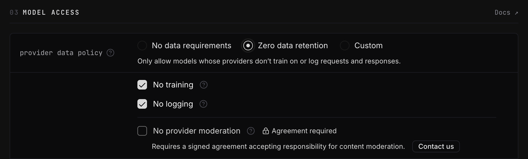 Provider data policy set to Zero data retention, with No training and No logging checked and No provider moderation unavailable pending an agreement