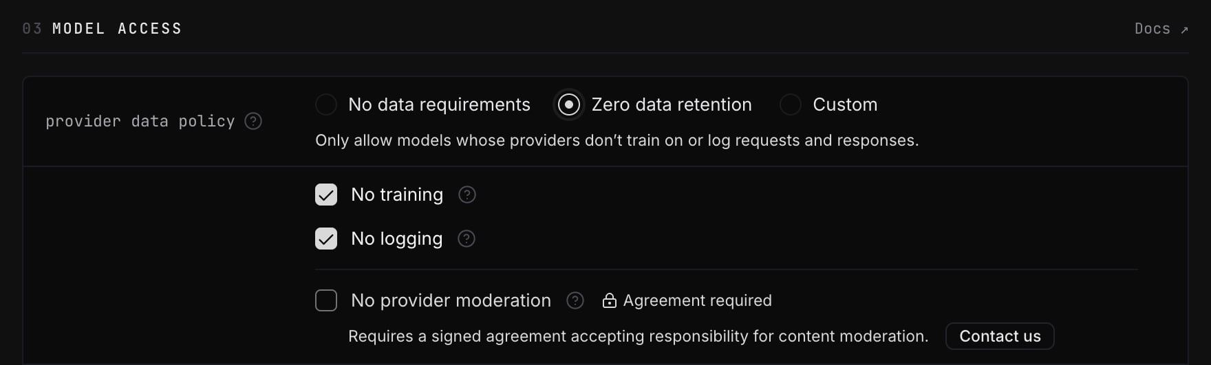 Provider data policy set to Zero data retention, with No training and No logging checked and No provider moderation unavailable pending an agreement