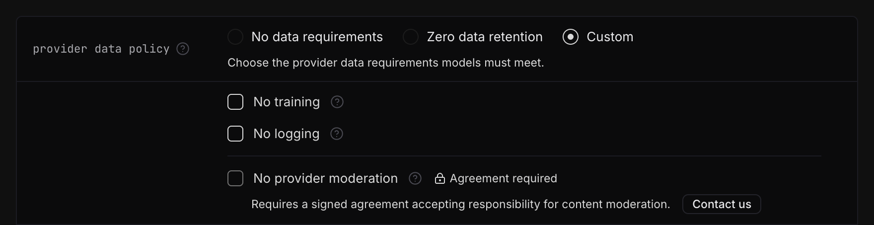 Custom provider data requirements with No provider moderation disabled, an Agreement required notice, and the Contact us button