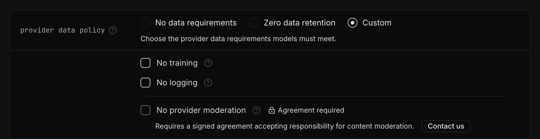 Custom provider data requirements with No provider moderation disabled, an Agreement required notice, and the Contact us button