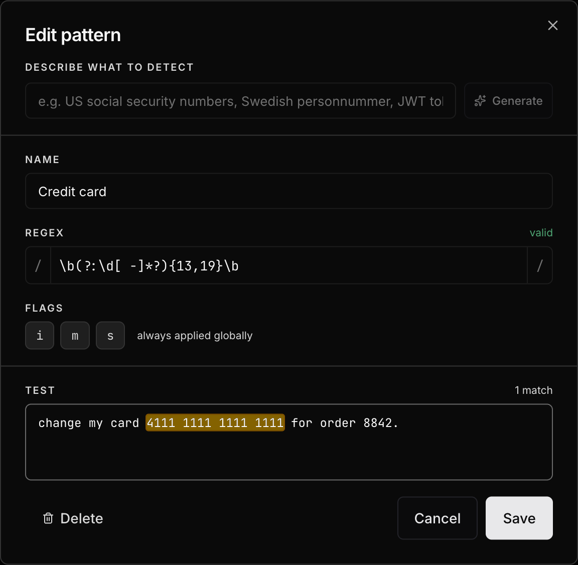 The regex pattern editor with validation and a match tester