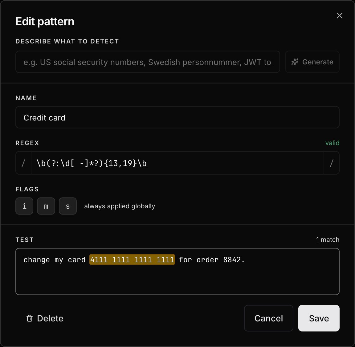 The regex pattern editor with validation and a match tester