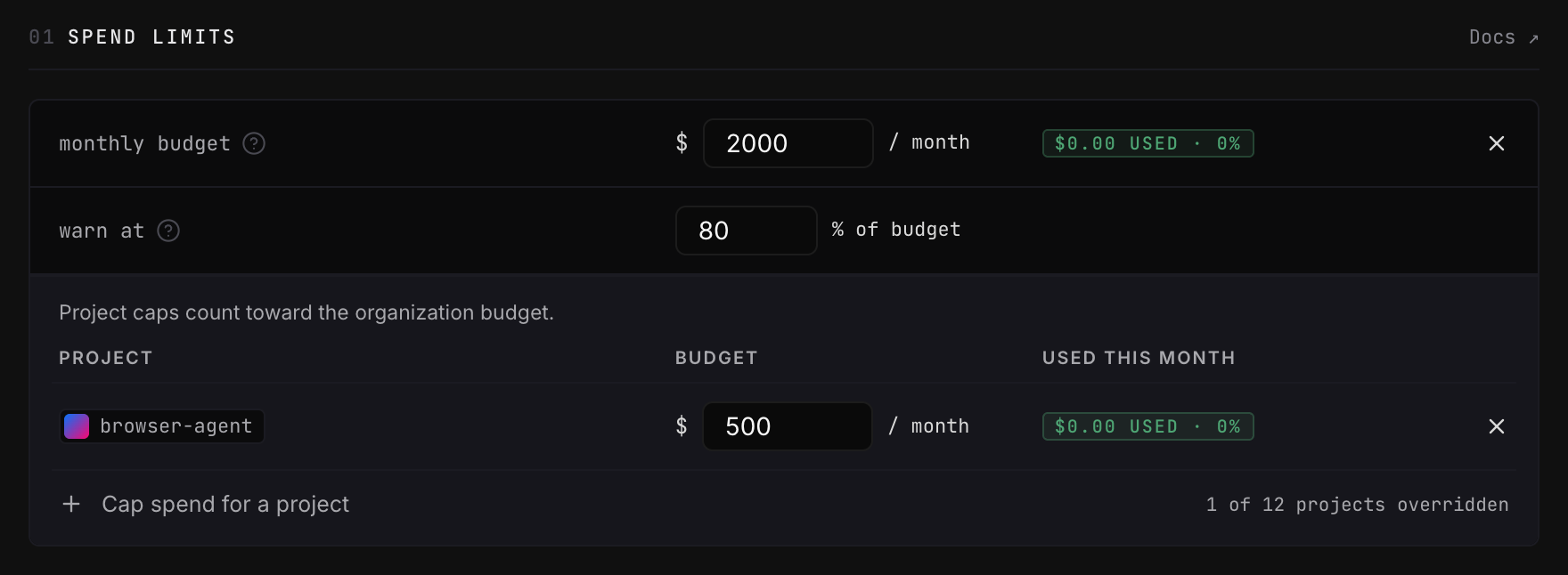 A $2,000 organization budget with a $500 project cap