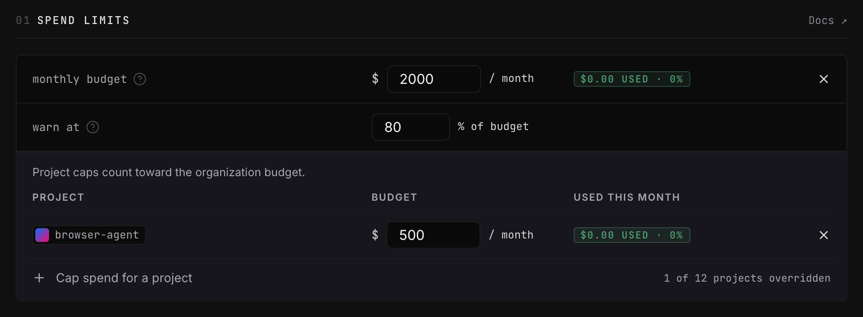 A $2,000 organization budget with a $500 project cap