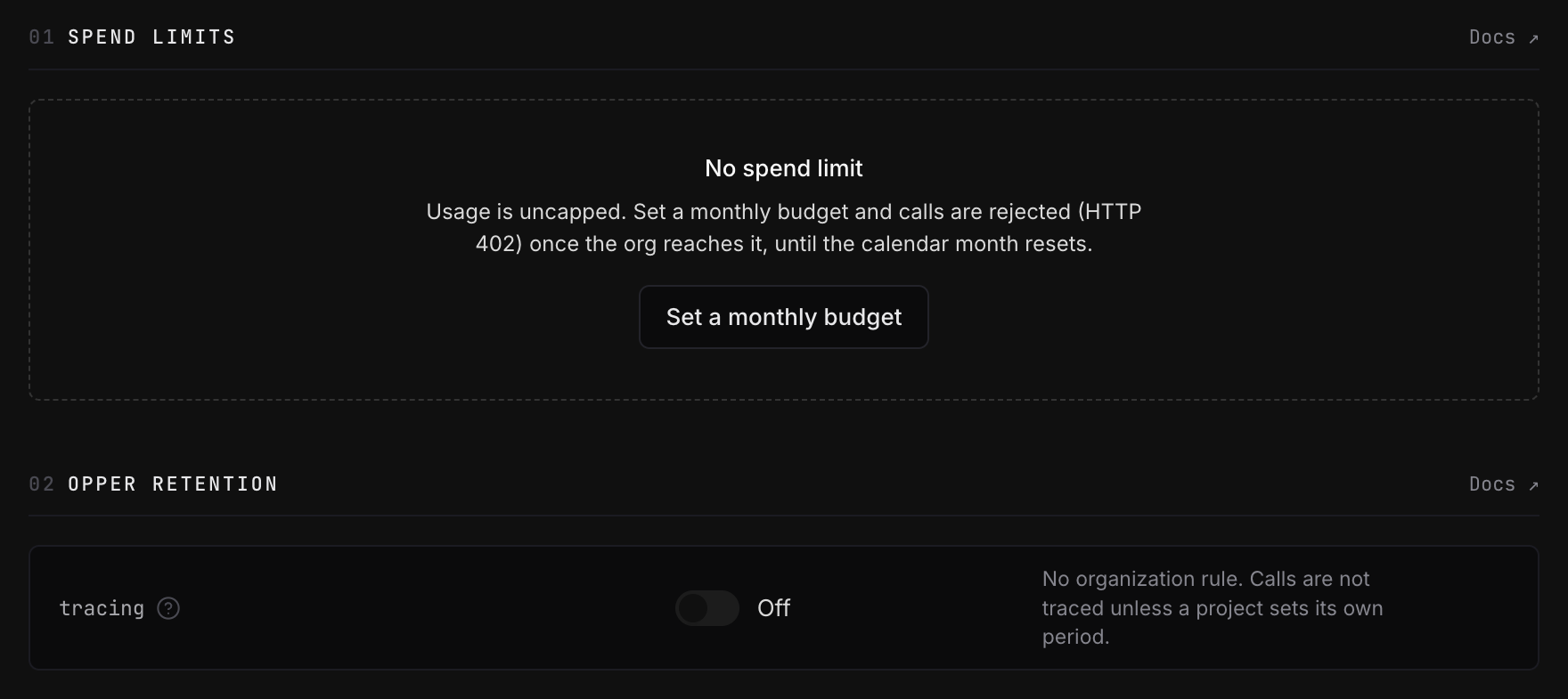 Spend limits and Opper retention before any rules are configured