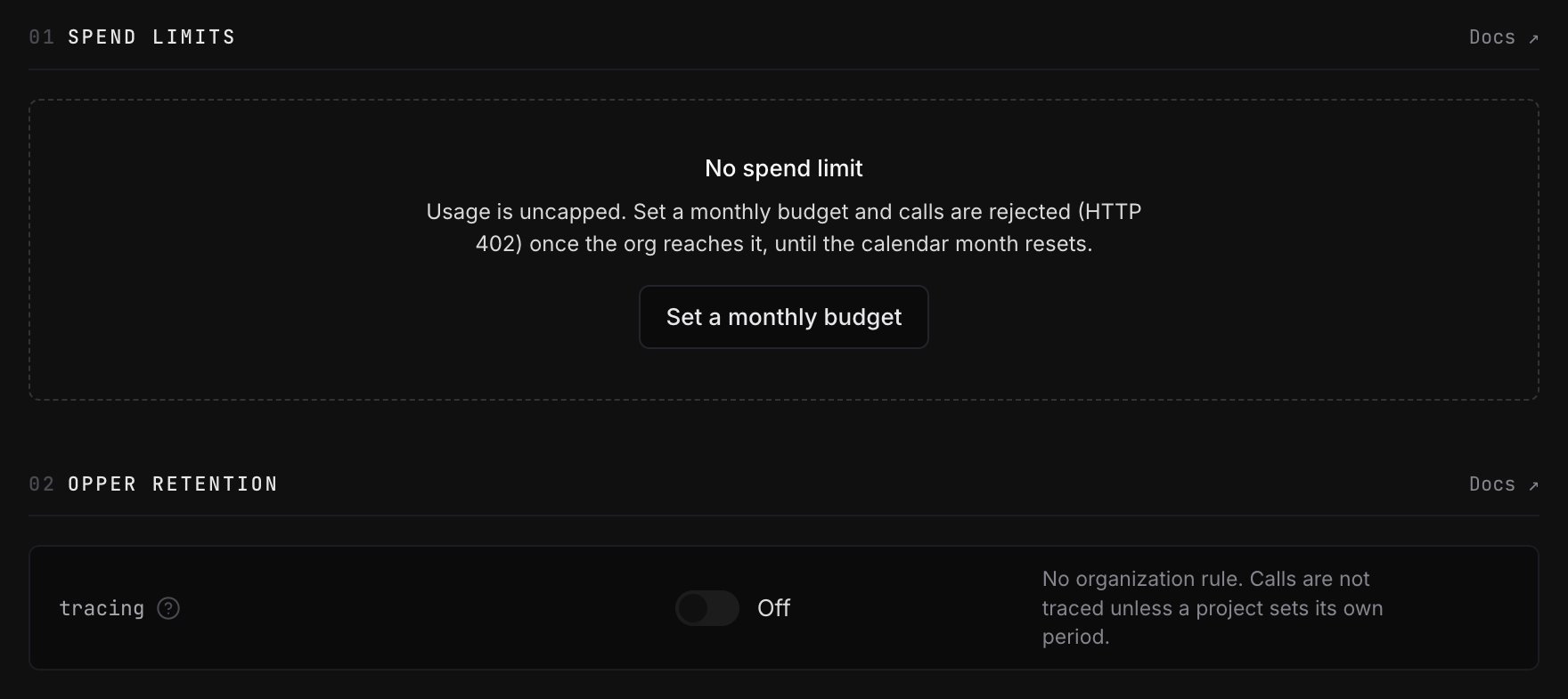Spend limits and Opper retention before any rules are configured