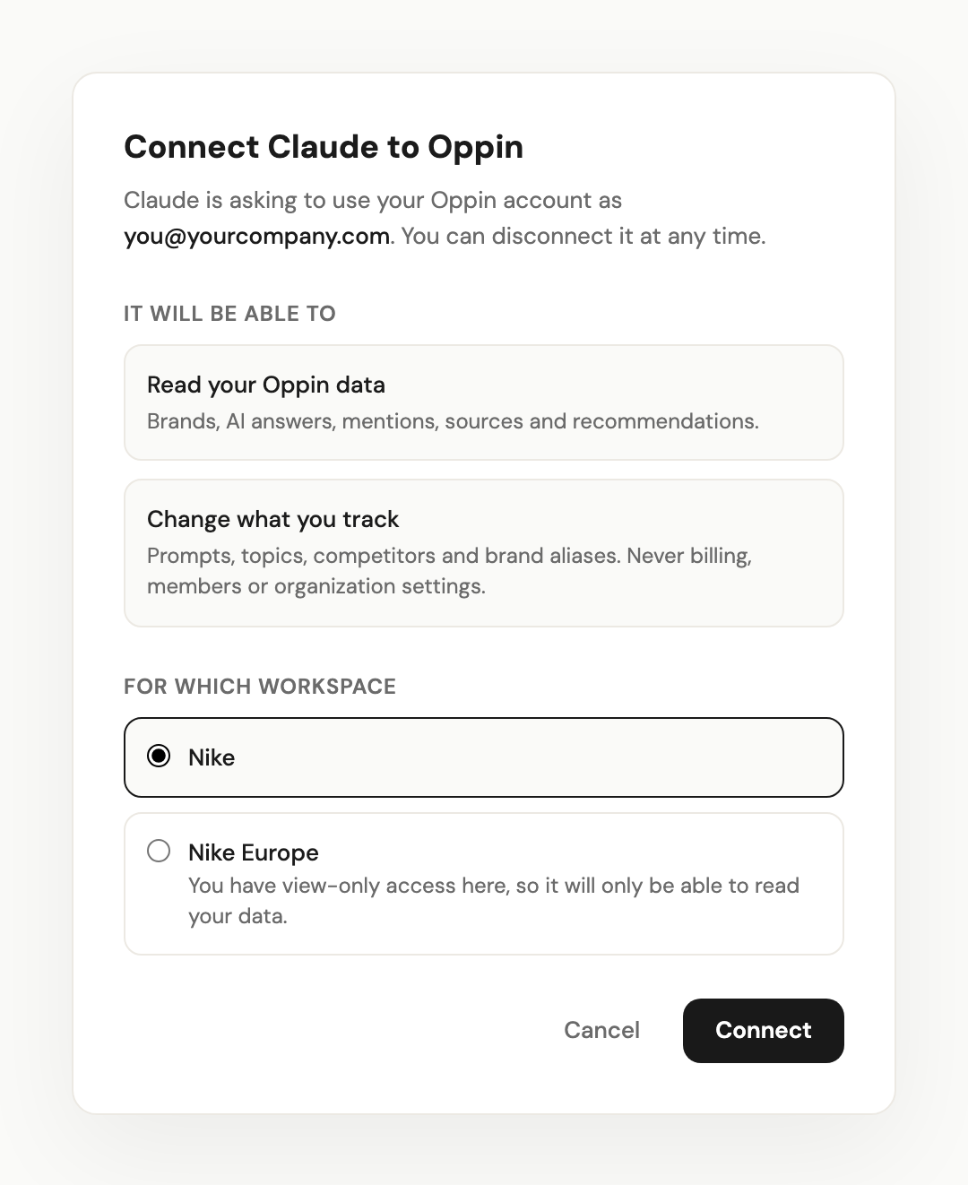 The Oppin approval page, listing what the connection can do and the workspaces to choose from