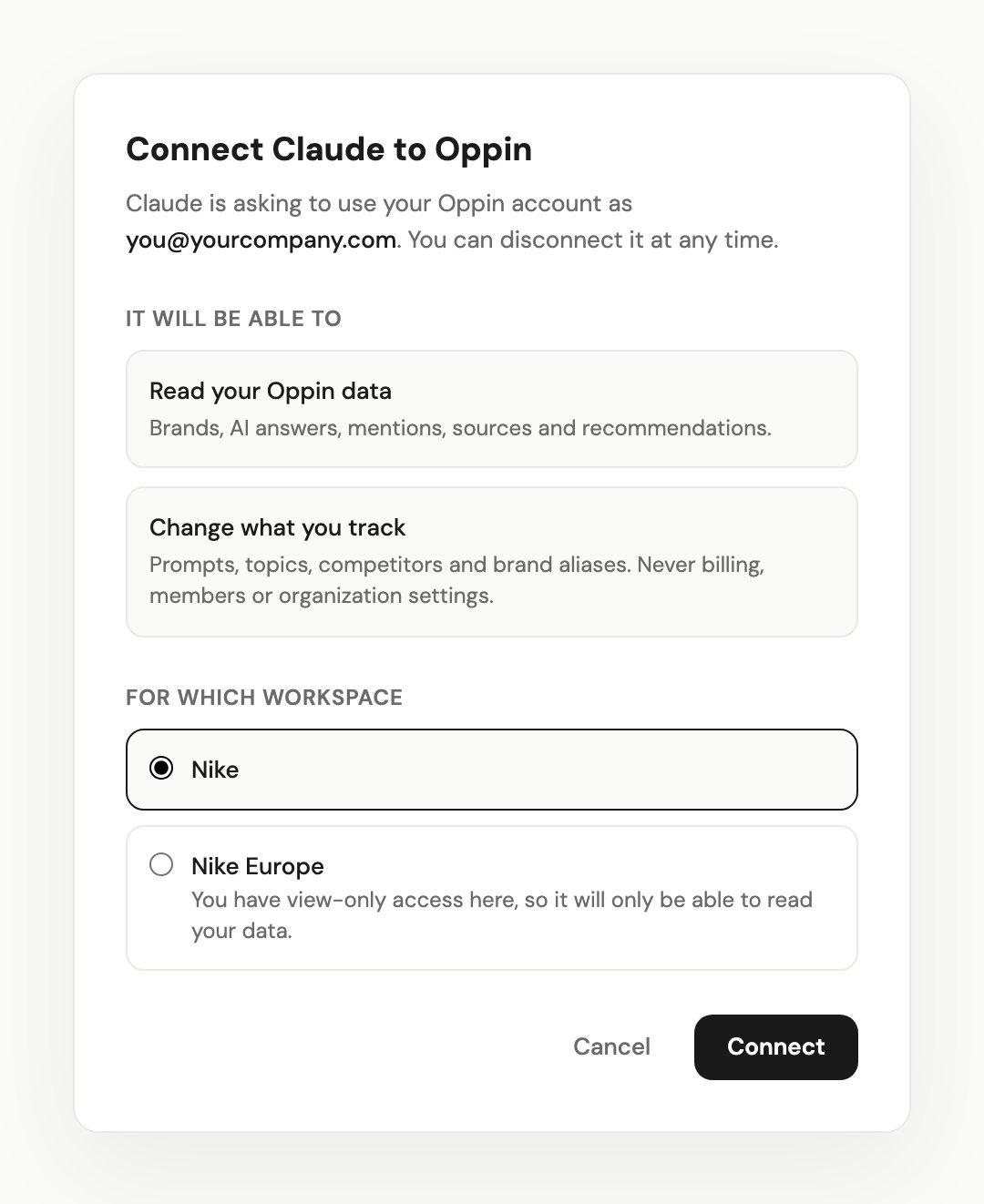 The Oppin approval page, listing what the connection can do and the workspaces to choose from