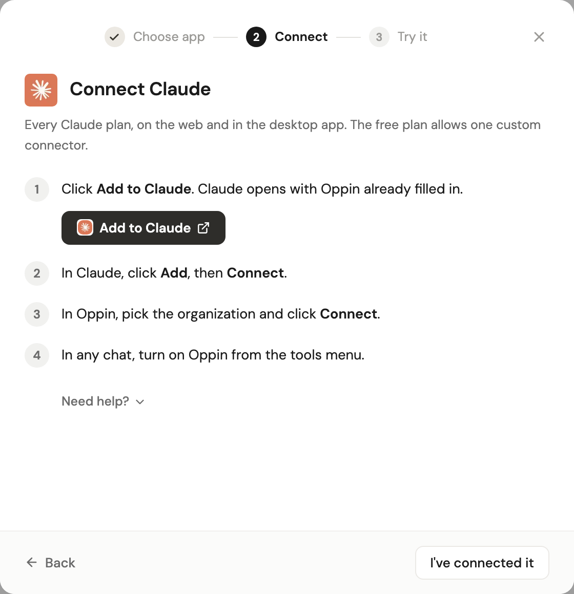 The Connect Claude step, with the Add to Claude button and four numbered steps