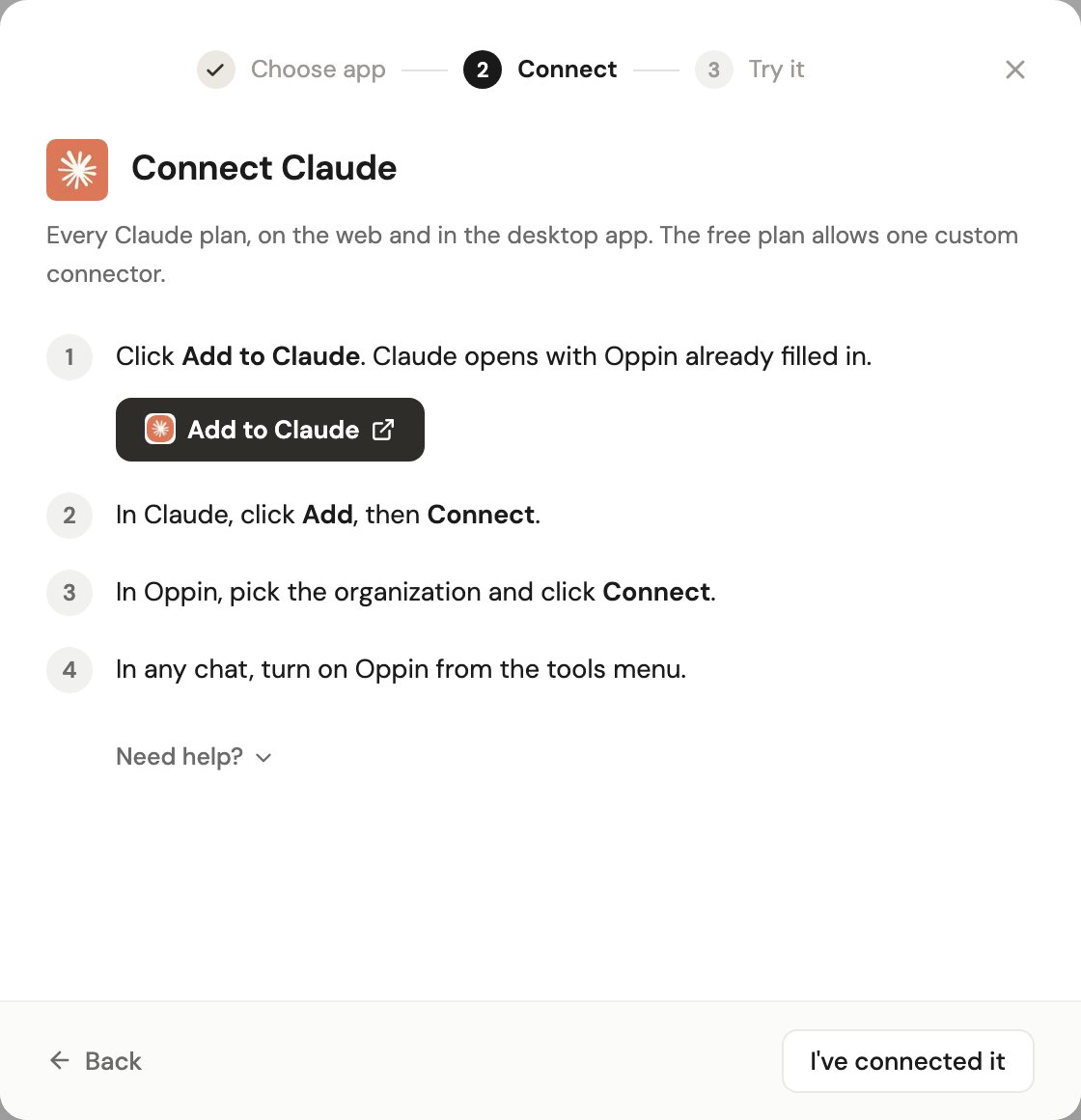 The Connect Claude step, with the Add to Claude button and four numbered steps