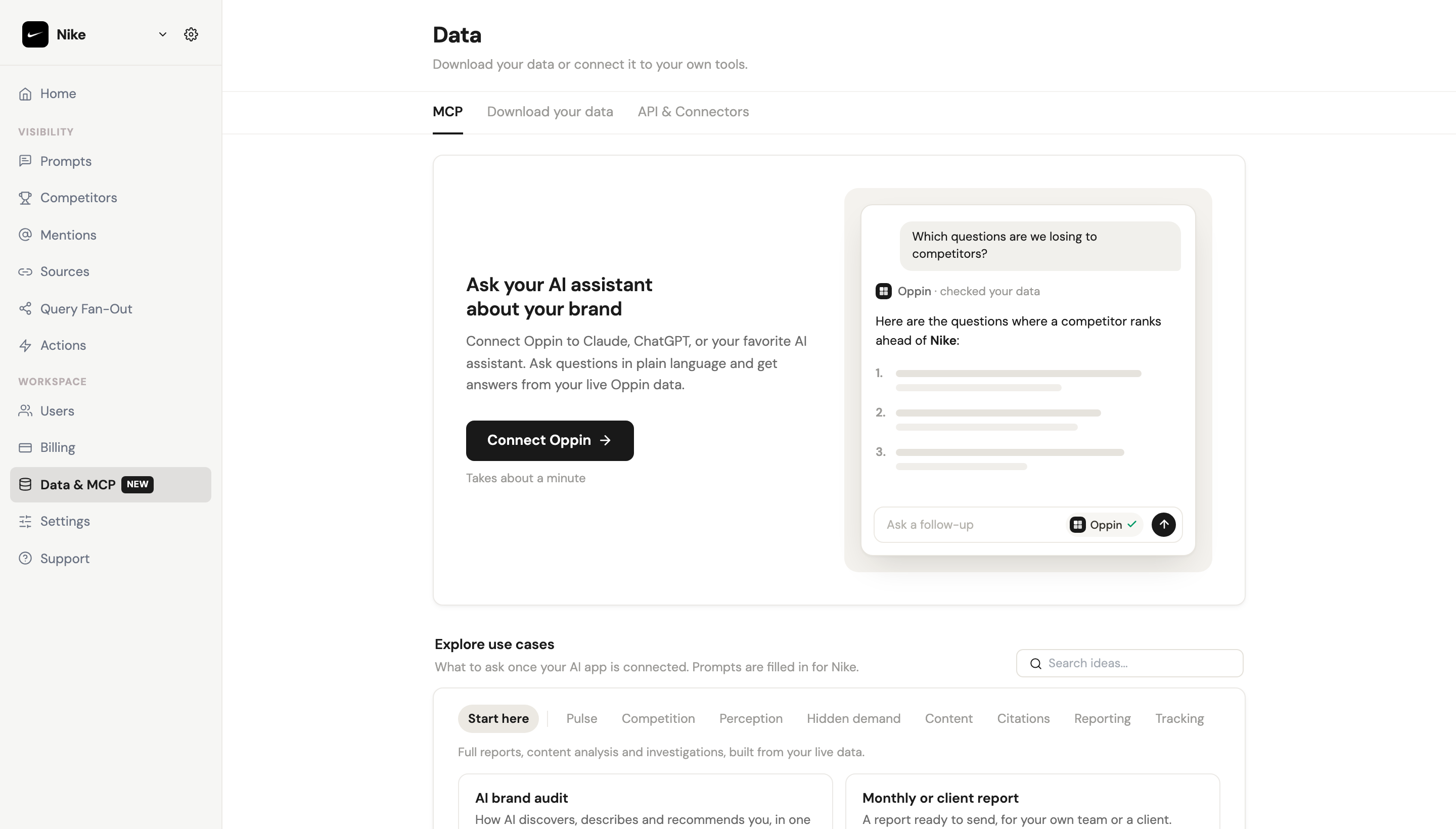 The MCP tab of the Data & MCP page, with the Connect Oppin button and the use cases below it
