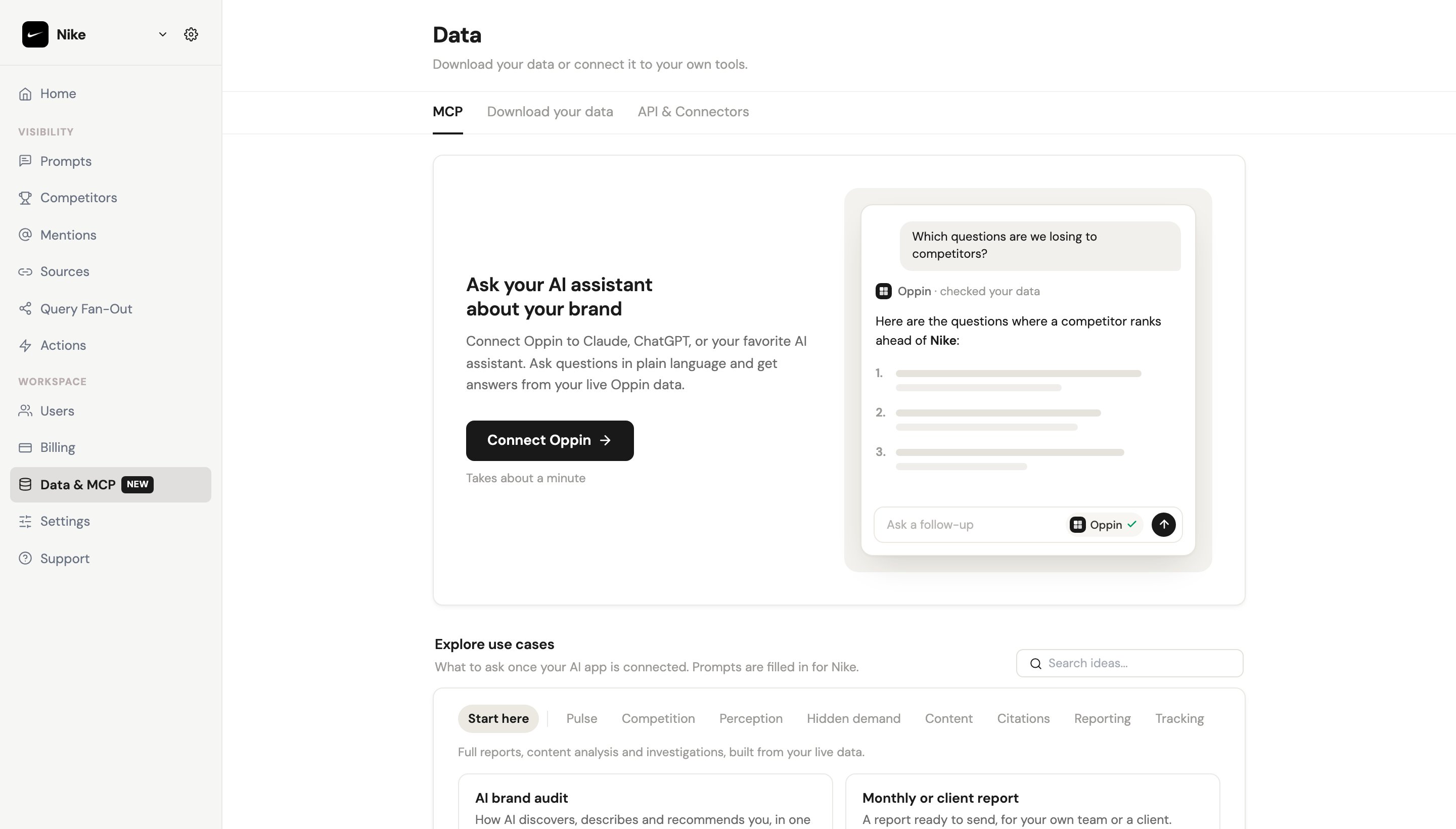 The MCP tab of the Data & MCP page, with the Connect Oppin button and the use cases below it