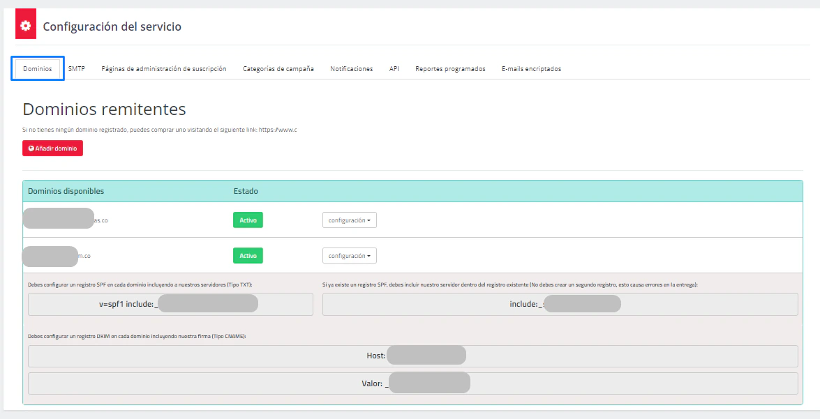 Configuración de dominios