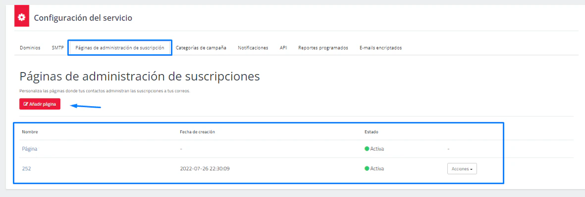 Páginas de administración de suscripción