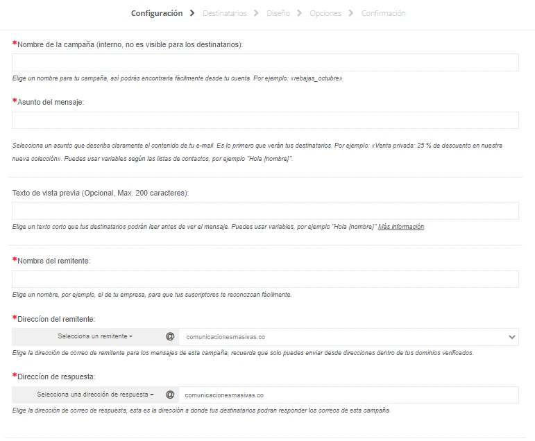 Pantalla de configuración de la campaña