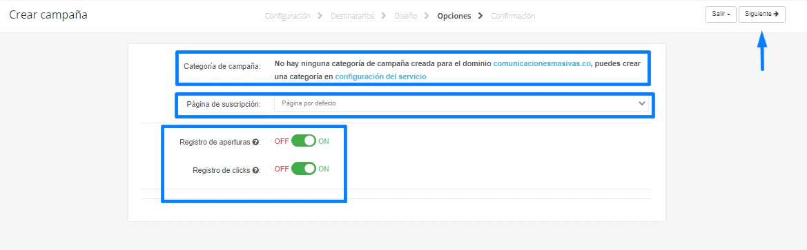 Opciones de la campaña