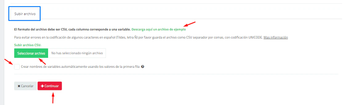 Subir archivo CSV de contactos