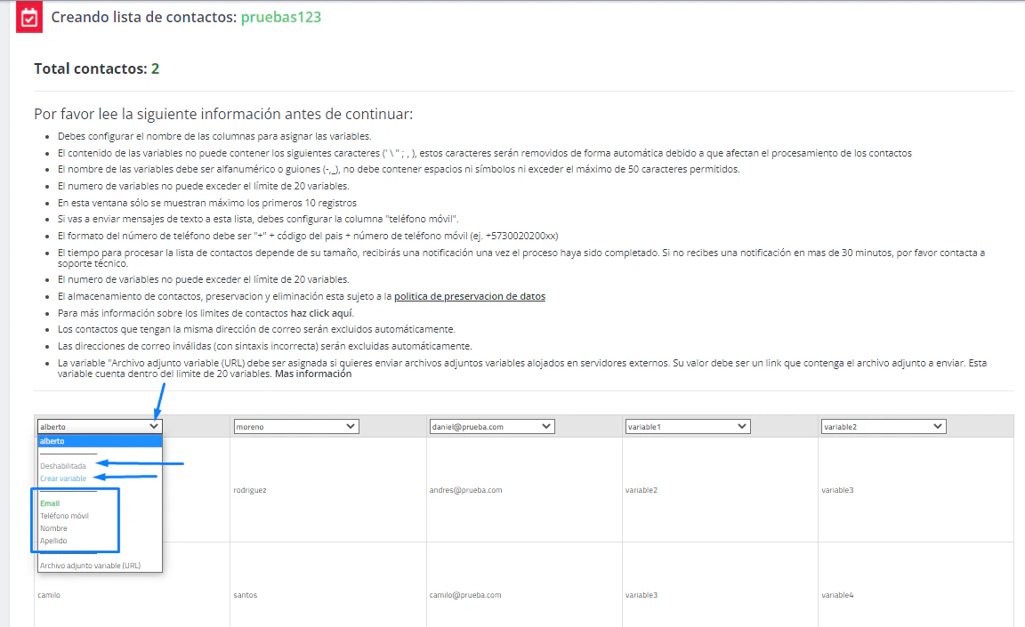 Asignación de variables de la lista