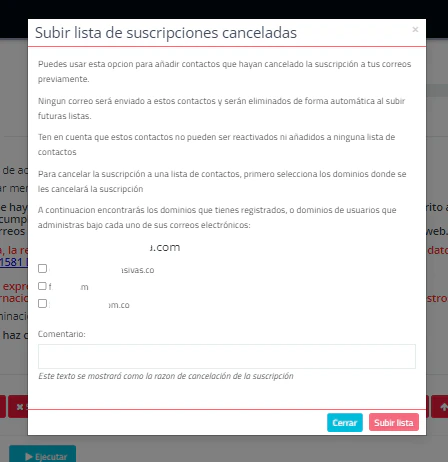 Subir lista de suscripciones canceladas