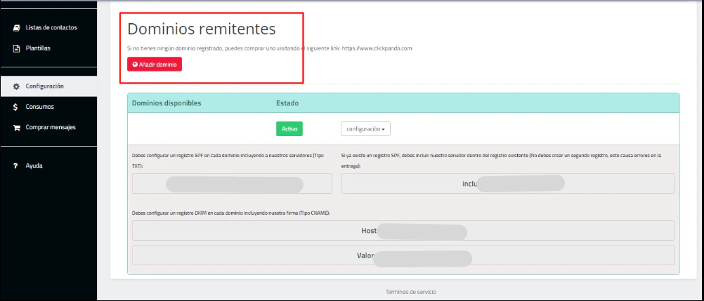 Sección de configuración para añadir un dominio