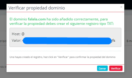 Información del registro TXT a configurar