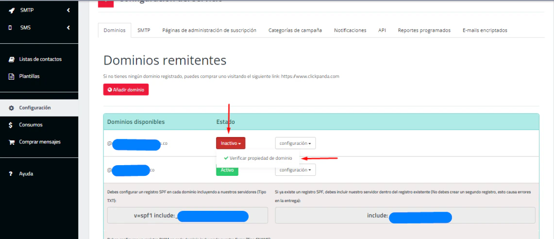Opción para verificar la propiedad del dominio