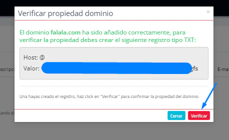 Ventana de verificación del dominio
