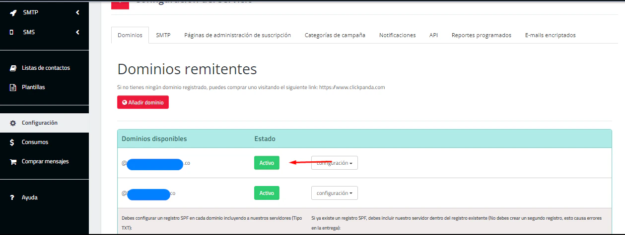 Dominio en estado activo