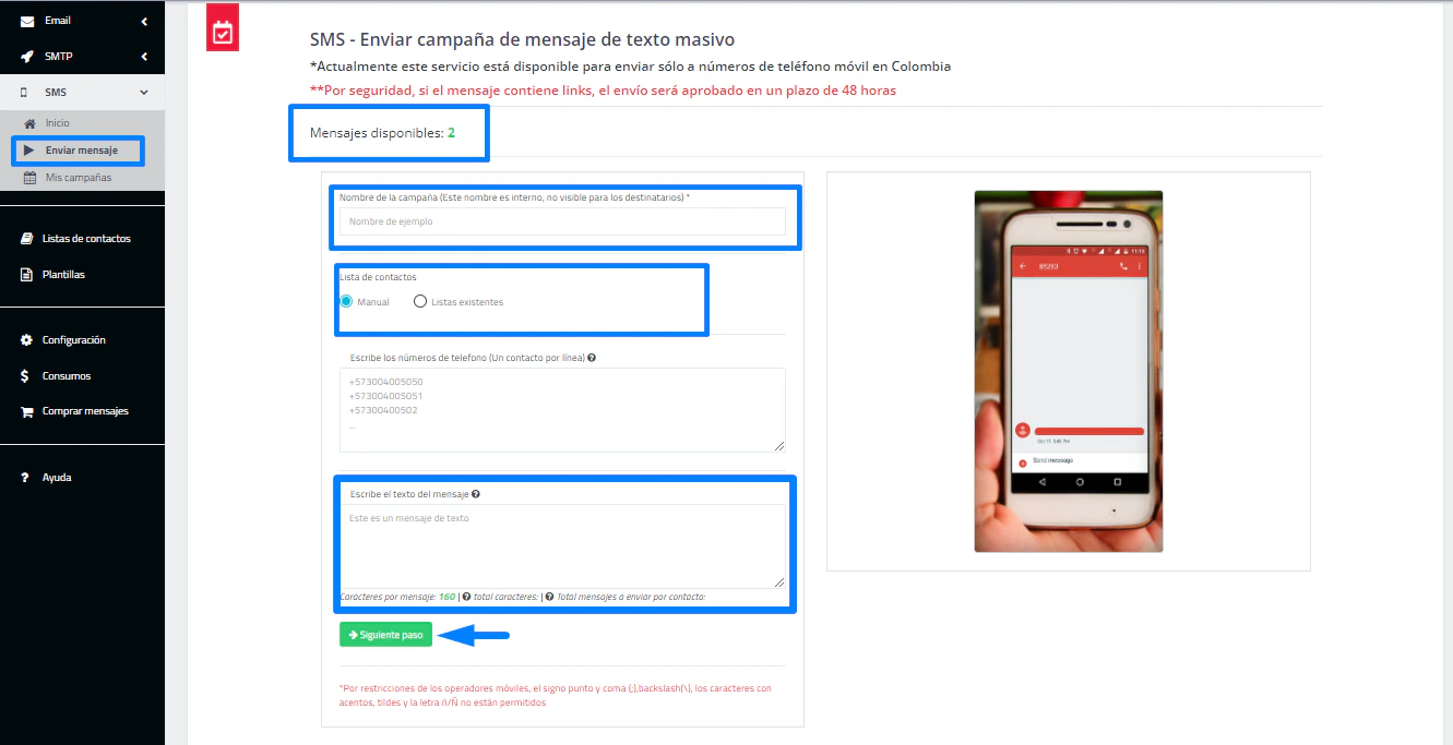Formulario para enviar un SMS
